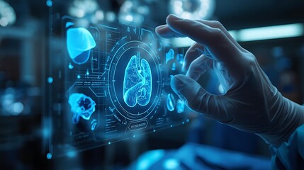 Fototapeta premium Futuristic medical technology concept with surgeon hand touching digital lungs holographic interface in operating room
