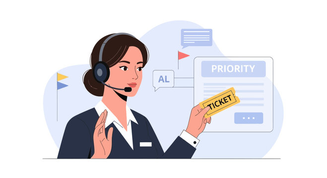 AI customer service agent with priority ticket and chat bubbles