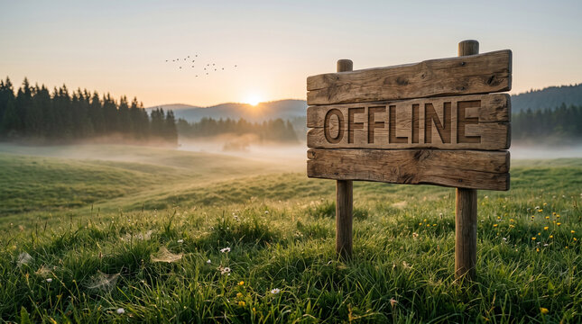Digital Offline Schild Konzept.Rustikales Offline-Holzschild in morgendlicher Naturlandschaft. Freiwillige Abstinenz von Apps und &uuml;berm&auml;&szlig;iger digitaler Ger&auml;tenutzung.