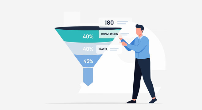 Business funnel analytics concept: man optimizing conversion rate