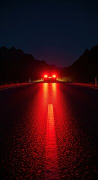 The red glow of a vehicle brake light casts a dramatic illumination across the asphalt of a remote mountain backroad in darkness, transport, brake, isolated