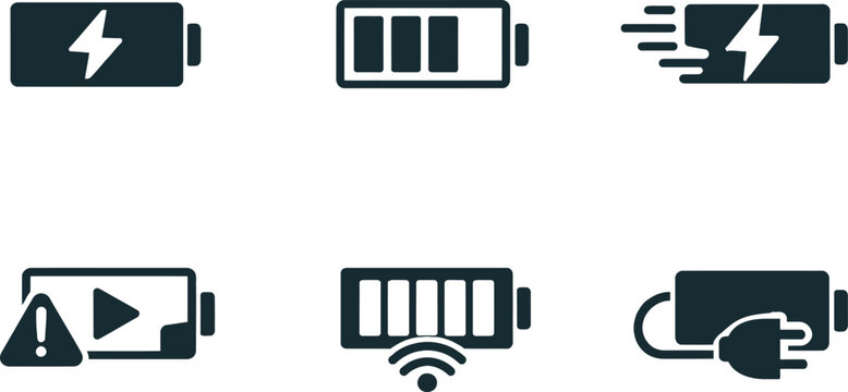 Battery power and energy status indicator vector icon set for UI design