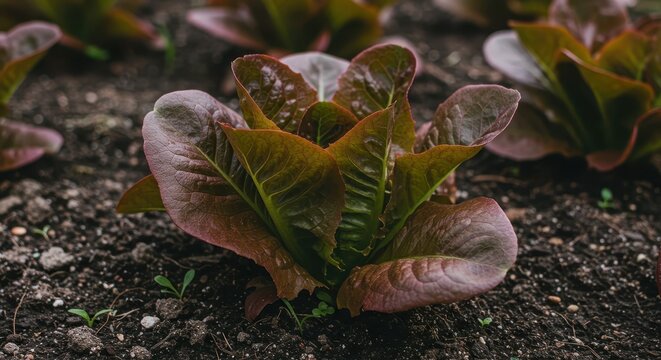 Vibrant red Lollo Rosso lettuce growing outdoors in rich garden soil, showcasing fresh organic texture and lush, healthy leaves ready for harvest, springtime, botany, edible