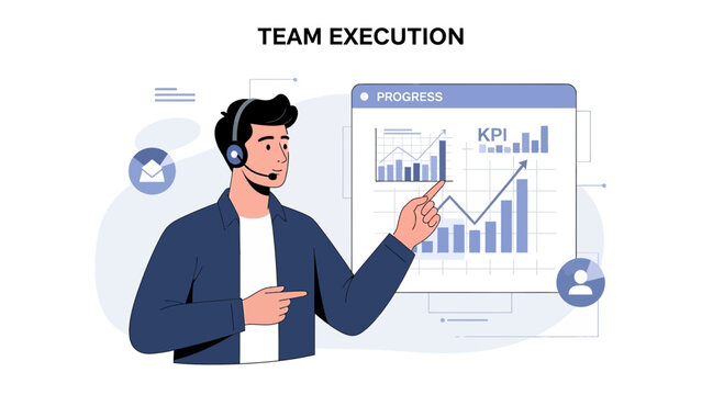 Business performance analysis. Team execution, KPI growth, progress chart graphic.