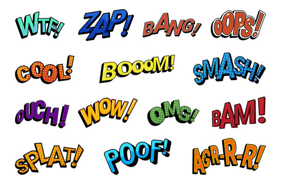 Comic sound expression with explosive words. Wow and zap, wtf and bang, smash and omg, cool and splat, poof and woow, ouch and oops, agr and boom. Vector emotional reaction typography set
