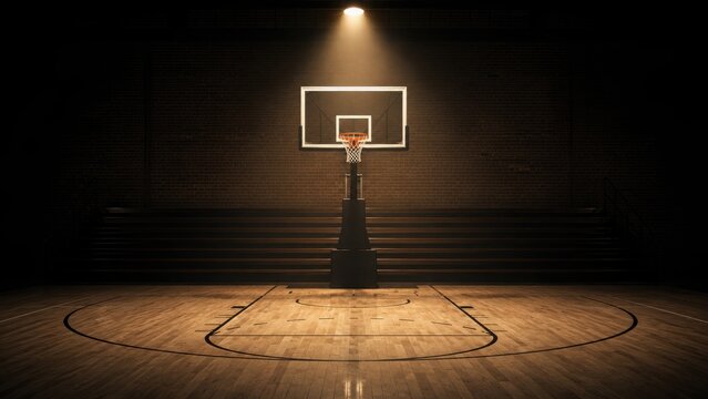 Empty basketball court illuminated by spotlight dramatic sports arena interior