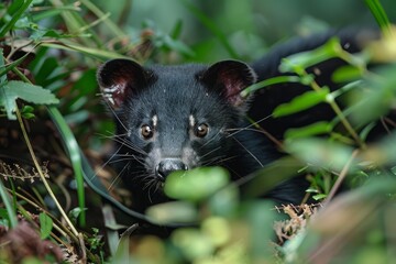 Fototapeta premium Common palm civet partially concealed amidst dense foliage, creating a captivating glimpse into its natural habitat