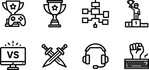 Esports and competitive gaming tournament outline icon collection