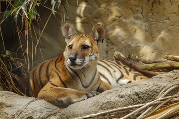 Fototapeta premium Close up of a captivating fox like creature with distinctive stripes, reminiscent of a tiger, relaxing on a rock in its natural environment