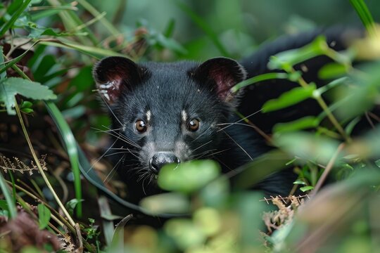Common palm civet partially concealed amidst dense foliage, creating a captivating glimpse into its natural habitat