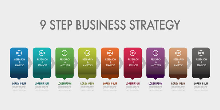 For business concept with 9 steps infographics, multi color gradient shape with label, design for workflow layout, diagram, annual report, web design. vector illustration