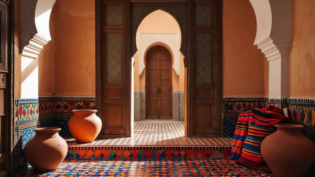 Colorful pottery displayed in a traditional Moroccan courtyard with geometric tile patterns and archway