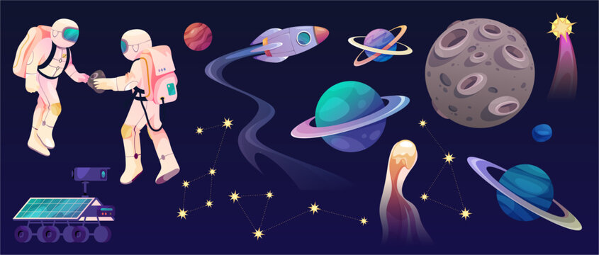 Astronaut in space with exploration mission. Meteor with tail, planets and rocket, stars and robot. Science fiction and space exploration. Vector graphic, sticker and educational visual elements set
