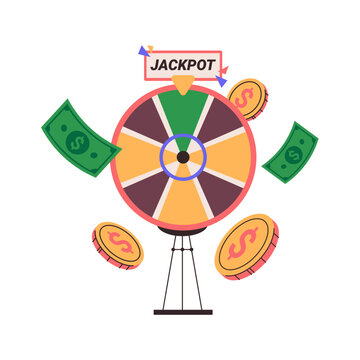 Spinning fortune wheel and winning prizes. Vector isolated gambling game with slots and sections. Dollar coins and banknotes. Gift for player or jackpot, lottery or shop sales and discounts