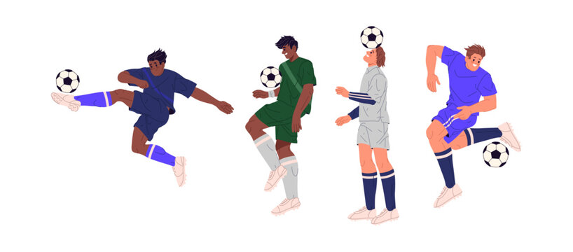 Men playing soccer, male characters wearing uniforms. Vector isolated personages in sporty clothes kicking and reaching ball. Players on field, athletes exercising and training, active boys