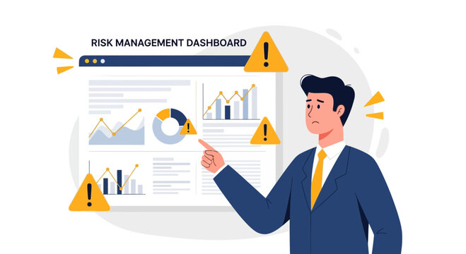 Businessman analyzing risk management dashboard with charts and warnings