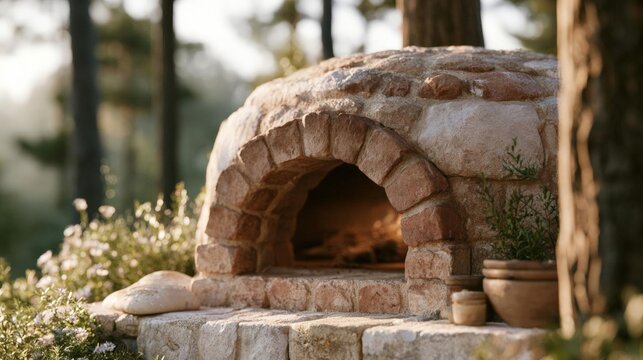 Outdoor brick oven in the middle of a garden. the oven is made of large, irregularly shaped stones and has a small opening in the center.