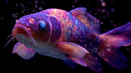 Fototapeta premium Vividly colored fish swims through dark, bubbly water