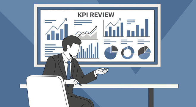Businessman presenting KPI review chart with bar graphs and pie charts