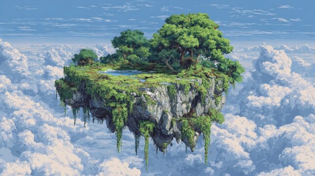 Lush green floating island with trees, water, and clouds below