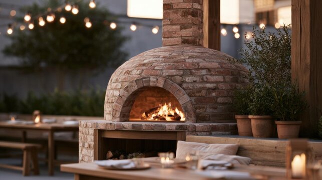 Outdoor fireplace with a brick oven in the center. the oven is made of red bricks and has a chimney on top. the fire is burning inside the oven, creating a warm and cozy atmosphere.