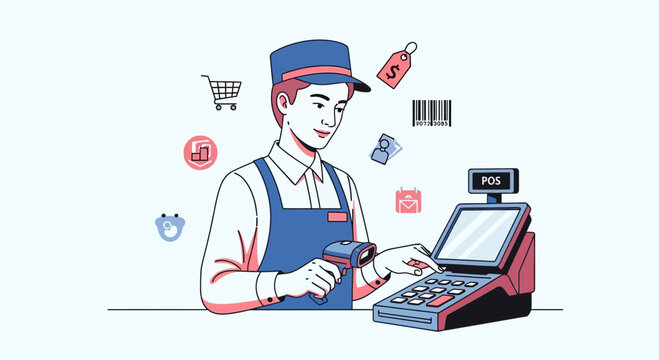 Cashier Scanning Barcode at POS Machine in Retail Store