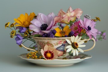 Fototapeta premium Charming vintage teacup overflowing with a vibrant bouquet of colorful flowers, creating a cheerful still life against a soft pastel backdrop