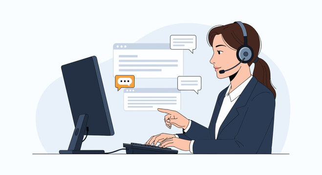 Customer Service Agent with Headset Working at Computer and Chat Bubbles
