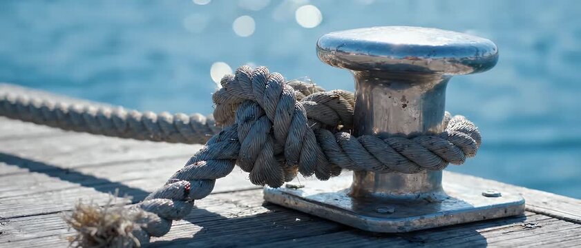 Nautical Rope Tied in Knot Around Metal Mooring Bollard on Pier