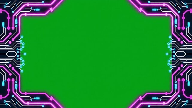 Neon Circuit Board Frame with Green Screen Center for Futuristic Tech Background and Motion Graphics 4K