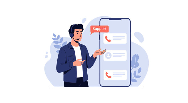Customer Support Operator with Smartphone and Chat Bubbles