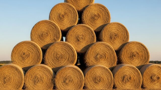 Pyramid stack of golden hay bales in a field