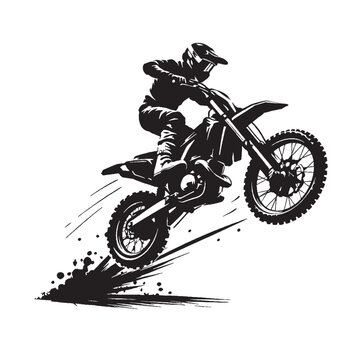 Motocross rider jumping on dirt bike vector, black and white motorcycle stunt silhouette, extreme sports off-road racing illustration for t-shirt design