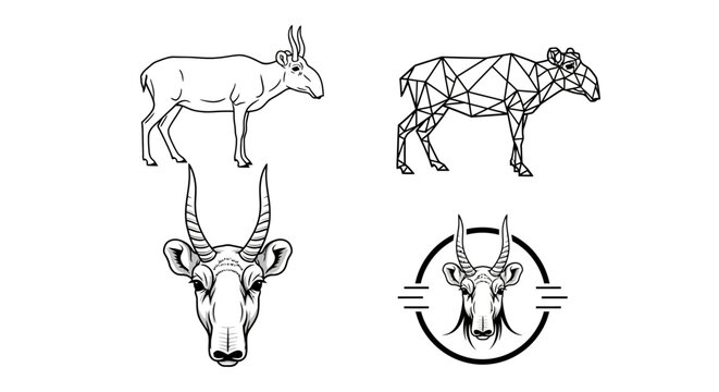 Saiga Antelope Illustration Set - Geometric and Detailed Line Art.