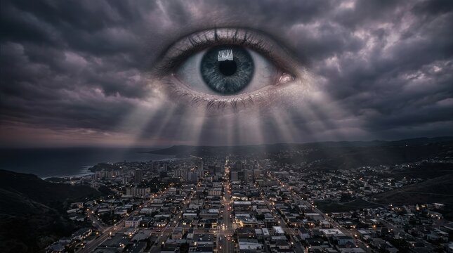 Surreal giant eye in stormy clouds over city, divine observation and surveillance concept, dramatic cinematic sky with light rays over urban landscape