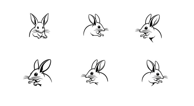 Six Black and White Rabbit Head Illustrations in Various Poses.
