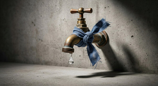  Rustic brass water tap on a metal pipe against a textured concrete wall backdrop.