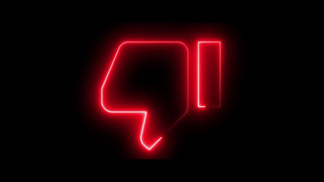 Neon dislike icon animation on black background, glowing thumbs down symbol, social media reaction motion, futuristic UI design, digital feedback button, modern interface graphic concept