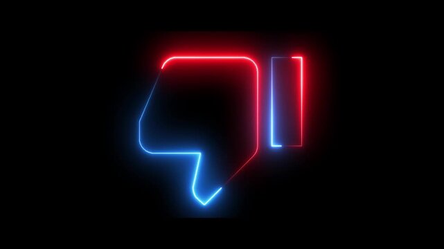 Neon dislike icon animation on black background, glowing thumbs down symbol, social media reaction motion, futuristic UI design, digital feedback button, modern interface graphic concept