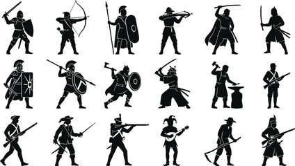 Fototapeta premium Historical warriors and soldiers vector icons set
