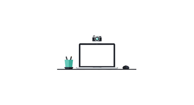 Laptop setup with a pen holder, camera icon, and mouse on a desk, representing a creative workspace, isolated white background.