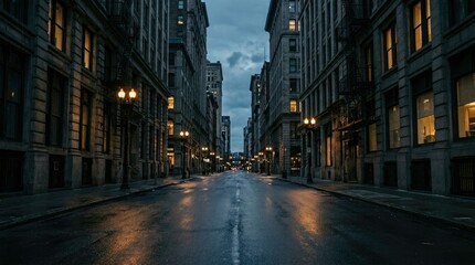 Fototapeta premium Night street in city with buildings and lights after rain at dusk.