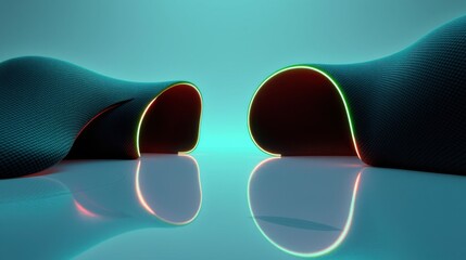 Fototapeta premium Abstract wavy forms, dark texture, glowing edges. Reflections create symmetrical visual impact. Minimalist design, futuristic aesthetic.