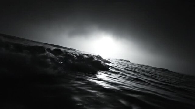 Dramatic monochrome ocean wave breaking towards bright sky creating visual contrast, cinematic seascape.
