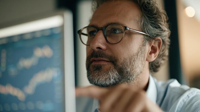 Middle-aged man with a beard and glasses, sitting in front of a computer monitor. he is looking intently at the screen with a serious expression on his face.
