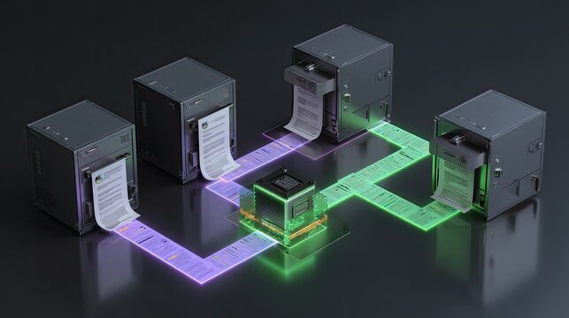 Futuristic server farm processes documents with glowing data lines