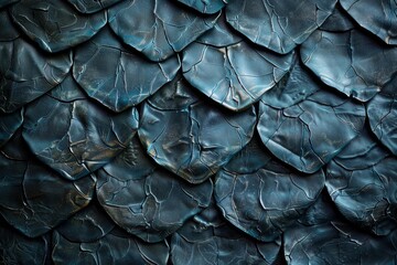 Obraz premium Intricate dragon scales form a captivating dark blue textured background, enhanced by subtle golden accents