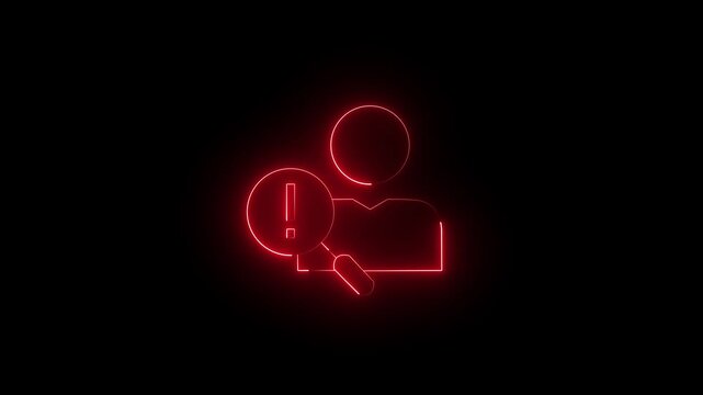 Neon Man Icon with Magnifying Glass and Exclamation Mark: Concept for User Security Audit, Identity Verification, Risk Assessment, and Cyber Investigation