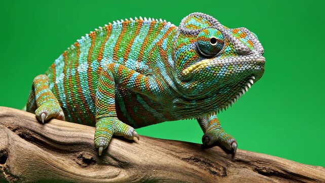 Colorful Panther Chameleon on a Branch with Mouth Open