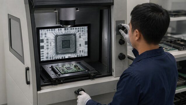 Manual Xray cabinet in action as a technician adjusts settings to examine BGA solder joints showcasing handson quality control of electronic assemblies.